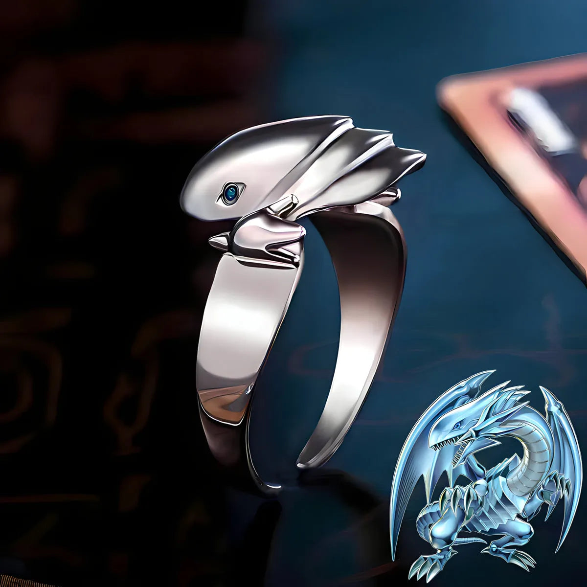 BAGUE DRAGON BLANC YEUX BLEUS 